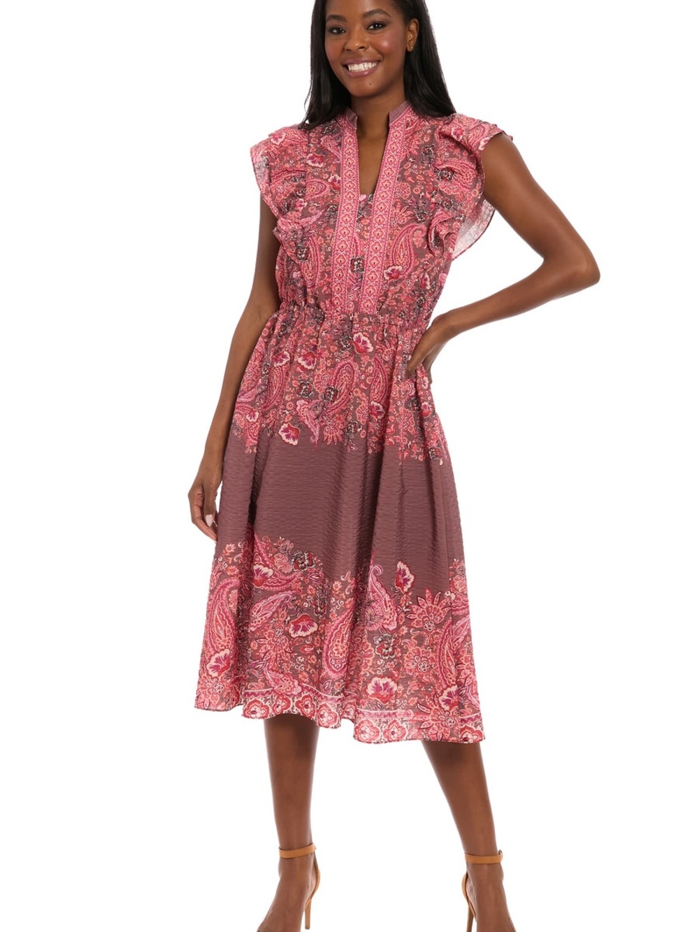 Maggy London Paisley Print Pink Midi Dress with Ruffle Shoulders